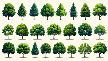 A diverse collection of illustrated trees showcasing various species and foliage types on a light background