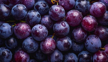 Close-up of fresh, dewy purple grapes arranged beautifully on a dark surface, showcasing their vibrant colors