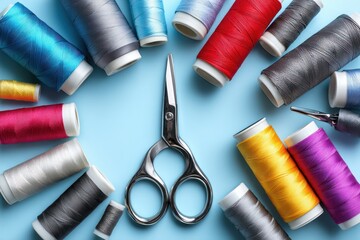 Brightly colored spools of thread surround a pair of scissors on a blue surface, highlighting sewing supplies