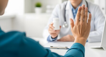 Patient Refusing Medication Offered by Doctor, Making Stop Hand Gesture for Second Opinion