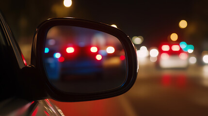 Night drive reflection captures the blur of city lights in a car's side mirror. Streaks of red & white illuminate the rearview, evoking a sense of forward motion and nighttime ambiance.