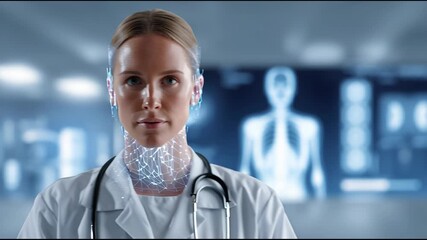 Female doctor with digital connection to patient data. Healthcare technology and augmented reality for medical examination. Footage. - Powered by Adobe