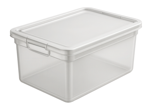 Clear storage box with a flip-top lid for under-bed wrapping paper organization.
