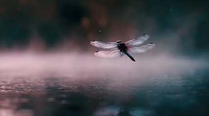 Fototapeta premium A delicate dragonfly hovers in misty air above a serene water surface its iridescent wings catching the soft light