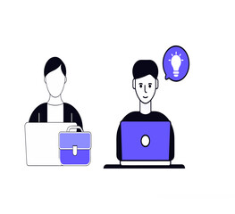 Two people working on laptops with a briefcase and an idea lightbulb