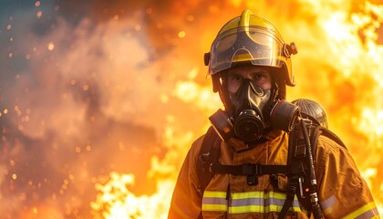 Fototapeta premium Brave firefighter in protective gear stands amidst roaring flames, showcasing courage and resilience