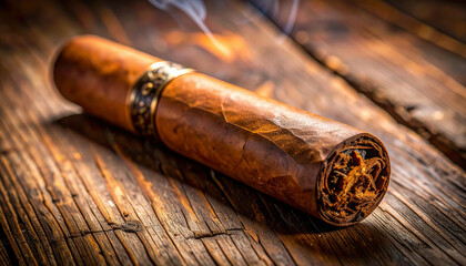 Close-up of a luxury cigar with golden bands, resting on rustic wooden surface, emitting delicate smoke, symbolizing elegance, tradition, and indulgence.	