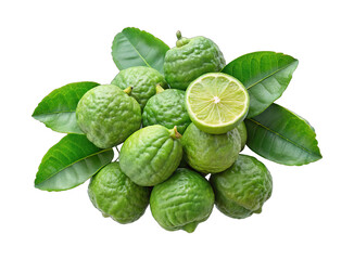 Pile of Fresh Green Kaffir Limes with Leaves on Black Background