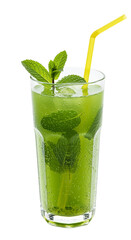 Refreshing green summer cocktail with fresh mint leaves and ice, served in a tall glass with a vibrant yellow straw, isolated on white background, perfect for a sunny day