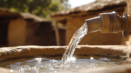 Water flows from a rustic pipe into a stone basin, reflecting sunlight. The water is life, providing a fresh source for a community living in traditional structures.