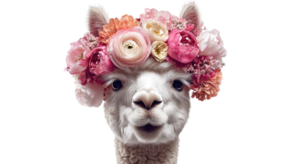 Fashion whimsical portrait of alpaca wearing colourful crown showing playful elegance artistic creativity and stylish animal character isolated on white background
