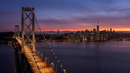 Fototapeta premium Night view of bay bridge leading to san francisco skyline under a colorful sunset sky over the water