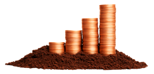 Stacks of coins rise from a mound of soil, symbolizing growth and investment in a financial context.