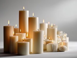 A Serene Display of Warmly Glowing Candles in Various Heights and Textures, Creating a Tranquil Atmosphere for Relaxation and Reflection