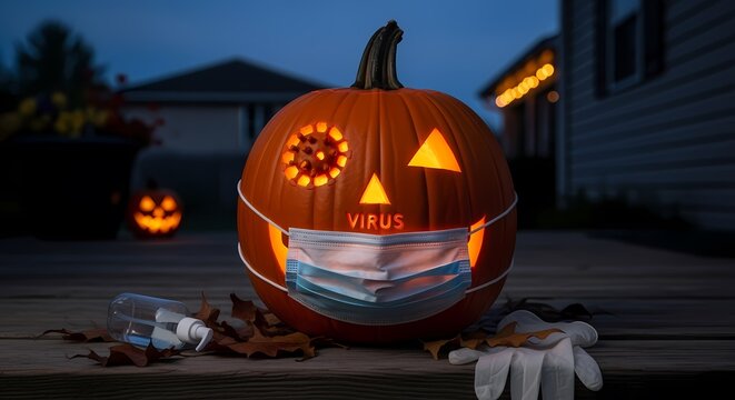 Halloween pumpkin wearing mask carved with virus design for covid awareness - Powered by Adobe