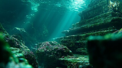 Ancient underwater temple ruins covered in coral and algae, glowing softly in the deep ocean, evoking mystery, history, and lost civilization.