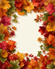 Decorative autumn frame with colorful red orange yellow and green leaves and berries arranged around blank center on light background