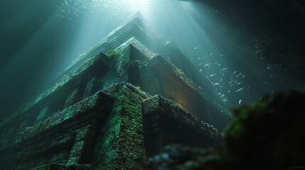 Ancient underwater temple ruins covered in coral and algae, glowing softly in the deep ocean, evoking mystery, history, and lost civilization.