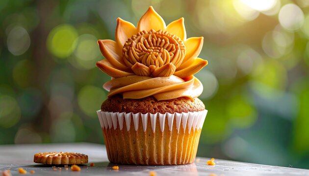 Close-up of cupcake with lotus-flower frosting, green bokeh background