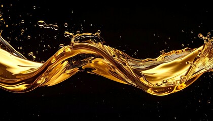 Golden liquid wave with droplets and splashes on a black background, fluid motion and abstract beauty