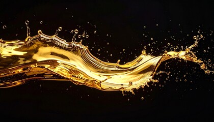 Dynamic golden liquid splash forms an elegant wave, capturing fluid motion with glistening drops on a dramatic black background, conveying energy and purity