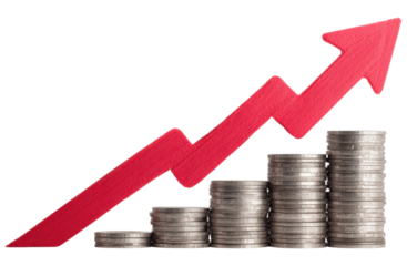 A rising red arrow above stacks of coins symbolizes financial growth and success.