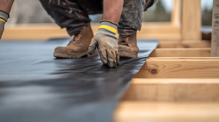 Builder meticulously lays a black waterproof membrane over wooden beams, ensuring a solid foundation for construction in a hands-on approach. Close-up.