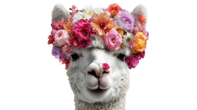 High fashion whimsical portrait of alpaca wearing golden crown showing luxury elegance humor and creative animal style art isolated on white background
