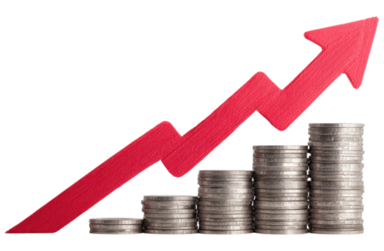 A rising red arrow above stacks of coins symbolizes financial growth and success.