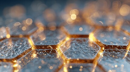 Close-up microscopic honeycomb-like structure with hexagonal translucent cells, glowing highlights, detailed texture, photorealistic scientific abstract image.