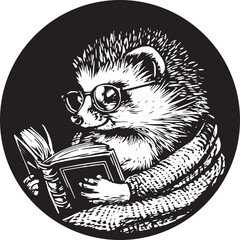A cute cartoon hedgehog wearing glasses is reading a book. The hedgehog is wrapped in a blanket. Black and white illustration in a round frame.