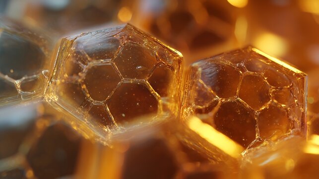 Microscopic close-up of honeycomb-like structure with hexagonal translucent cells, glowing highlights, detailed texture, scientific and abstract photorealistic image.