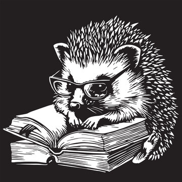 A cute cartoon hedgehog wearing glasses reads books. Black and white illustration on black background