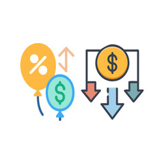 Financial concept of rising and falling prices with balloons and coins