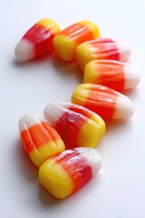 Bright candy corn in orange, yellow, and white stacked together in preparation for Halloween treats and decorations