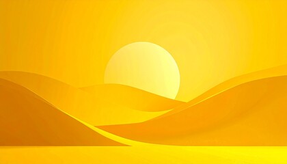 Minimalist digital art depicting a serene desert sunrise, with abstract rolling sand dunes illuminated by a radiant golden sun, symbolizing warmth and new beginnings and harmony