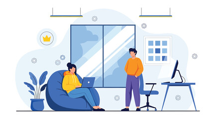 Vector art of a man and a woman are working together in a modern office, the woman is sitting in a beanbag chair and the man is standing next to her