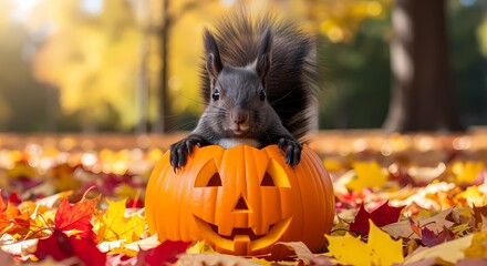 Squirrel halloween pumpkin autumn leaves adorable cute fall season animal pet