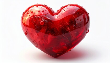 A glistening, ruby-red glass heart, adorned with delicate water droplets, symbolizing deep affection, passion, and the purity of enduring love