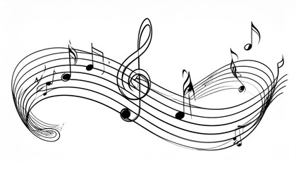 Elegant black and white illustration of a flowing musical staff adorned with various notes and a prominent treble clef, symbolizing harmony, melody, and the universal language of music