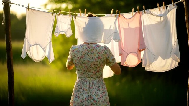 Woman hanging laundry on a clothesline in a serene, sunlit meadow