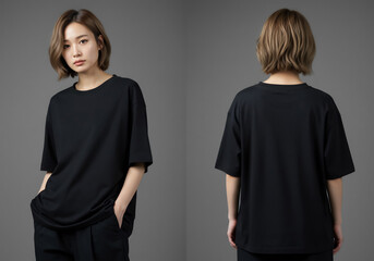 Black Tee Oversized TShirt Mockup Tee Front and Back Views on a Asian Female Model