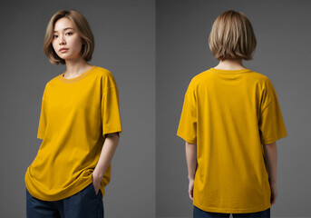 Gold Yello Oversized TShirt Mockup Tee Front and Back Views on a Asian Female Model