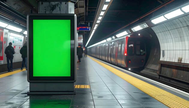 Empty subway station with green advertising panel, train approaching, commuters waiting on platform