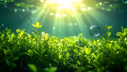 Sunlight filtering through water illuminates vibrant green underwater plants, creating a serene aquatic scene