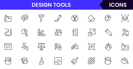 Design Tools Vector line icon collection showcasing creative tools including brushes, pencils, palettes, design software, and editing gear ideal for artistic and design platforms.
