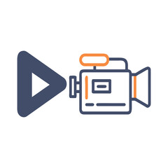 Play button icon next to a video camera illustration