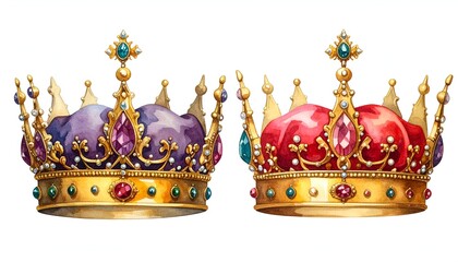 Two ornate crowns, one purple and one red, displayed side by side on a white background, showcasing royal elegance