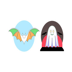 Cute cartoon bat and friendly ghost for halloween celebration
