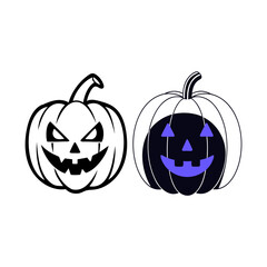 Two halloween pumpkins one carved and one with a glowing interior